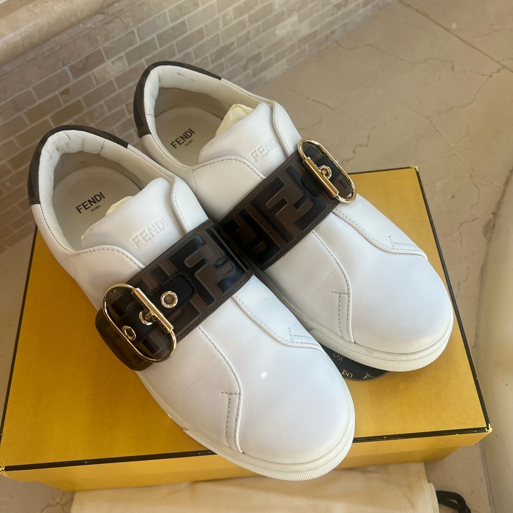 Fendi White Leather FF Logo Buckle Strap Sneakers